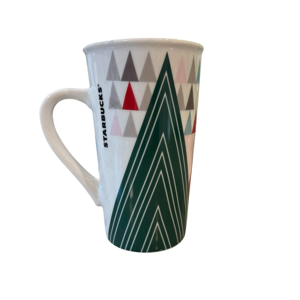 Starbucks Tall Ceramic Coffee Mug 16 oz Holiday Trees Geometric Red Green Design